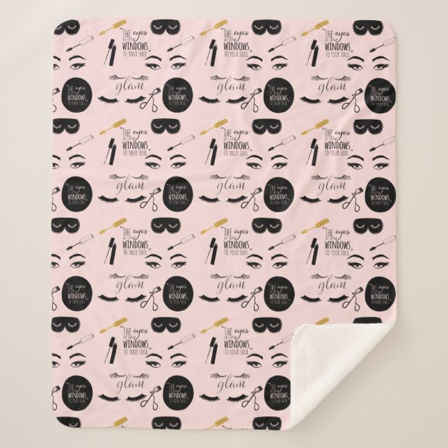 Blush Pink Black Gold Eyelashes Glam Sherpa Blanket (Front)