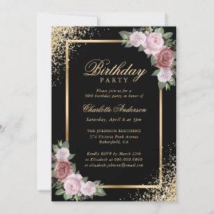 Blush Pink Black Gold Floral Birthday Party Invitation