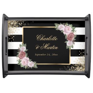 Blush Pink Black Gold Floral Wedding Serving Tray