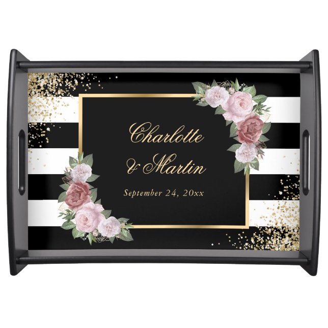 Blush Pink Black Gold Floral Wedding Serving Tray (Front)