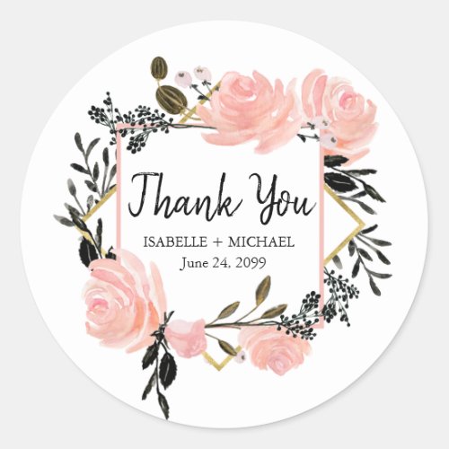 Blush Pink Black Gold Floral Wedding Thank You Classic Round Sticker