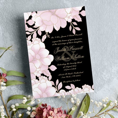 Blush pink black gold foil elegant floral wedding invitation