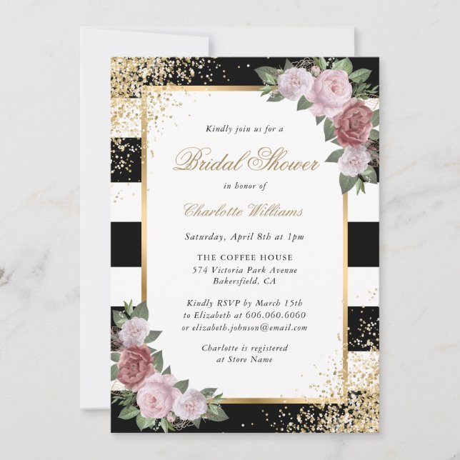Blush Pink Black Gold Glitter Floral Bridal Shower Invitation (Front)