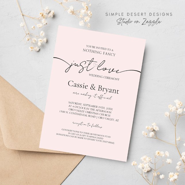 Blush Pink & Black Just Love Modern Script Wedding Invitation (Minimal Blush Pink Wedding Invitation with Modern Script and Simple Typography)