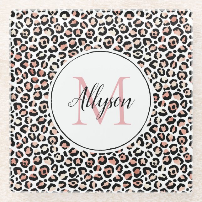 Blush Pink Black Leopard Print Monogram         Co Glass Coaster (Front)