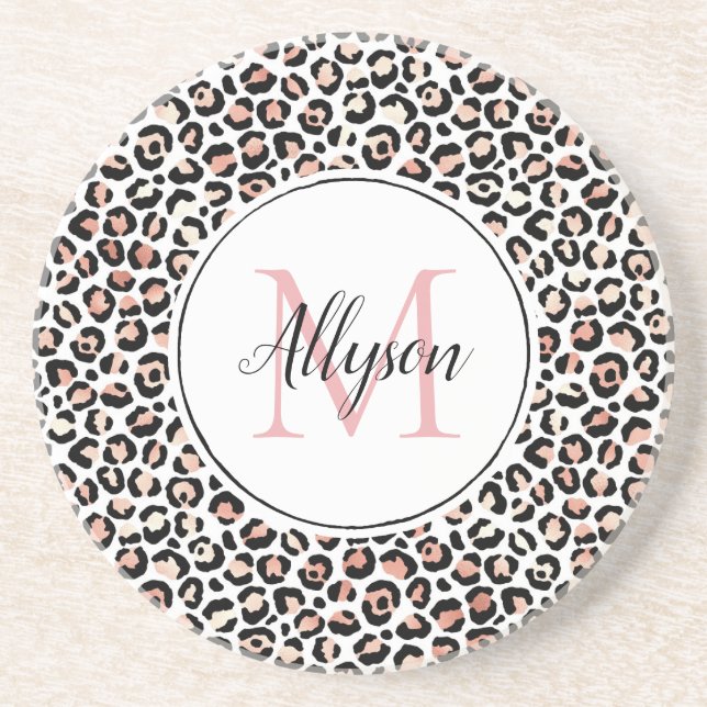 Blush Pink Black Leopard Print Monogram         Coaster (Front)