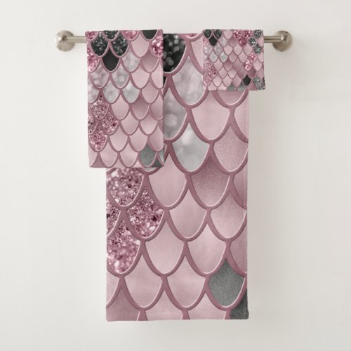 Blush Pink Black Mermaid Scales Glam 2 art Bath Towel Set