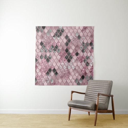 Blush Pink Black Mermaid Scales Glam 2 art Tapestry