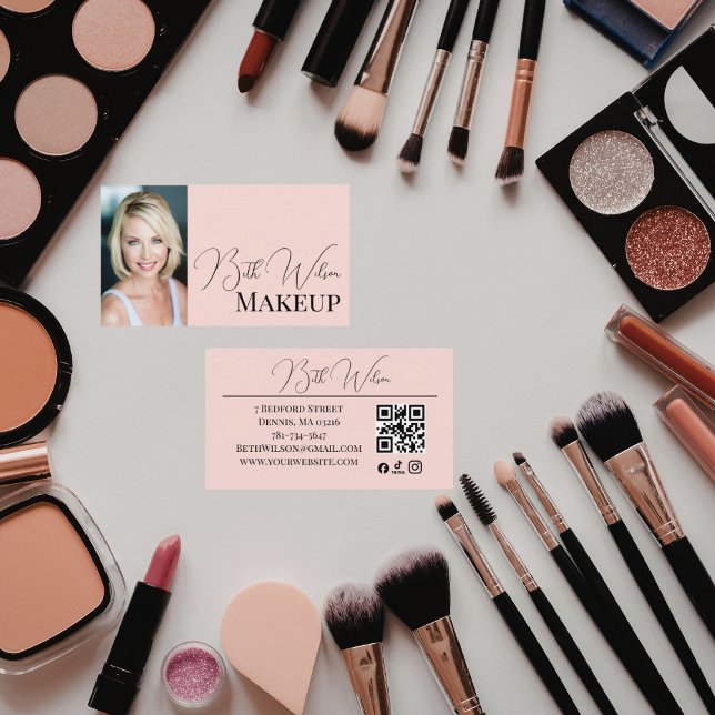 Blush Pink Black Modern Photo Makeup Business Card (Creator Uploaded)