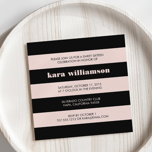 Blush Pink & Black Modern Retro Sweet Sixteen Invitation (Creator Uploaded)