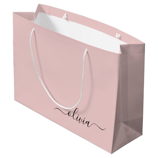 Blush Pink Black Modern Script Girly Monogram Name Large Gift Bag (Back Angled)