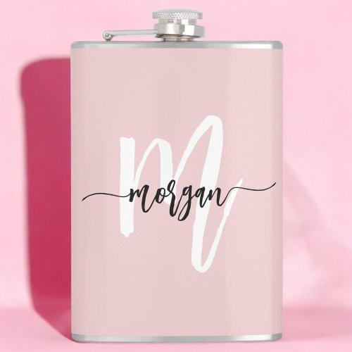 Blush Pink Black Monogram Girly Bachelorette Party Flask