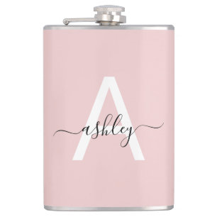 Blush Pink Black Monogram Girly Bachelorette Party Flask