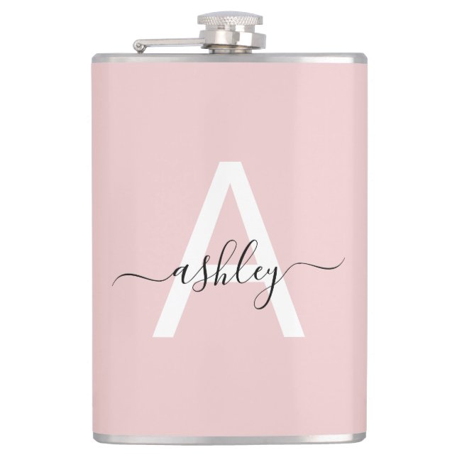 Blush Pink Black Monogram Girly Bachelorette Party Flask (Front)