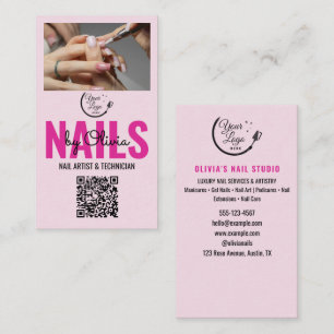 Blush Pink Black Photo Qr Code Logo Nail Salon Business Card