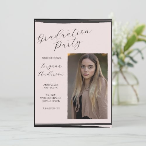 Blush Pink  Black Photo Trendy Graduation Party Invitation