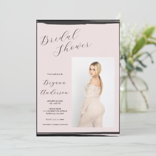 Blush Pink Black Photo Trendy Modern Bridal Shower Invitation