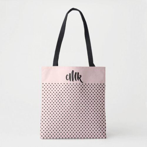 Blush Pink  Black Polka Dot Pattern Monogram Tote Bag