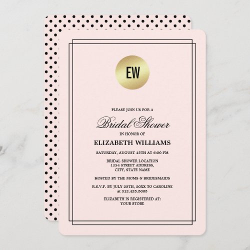 Blush Pink  Black Polka Dots Gold Bridal Shower  Invitation