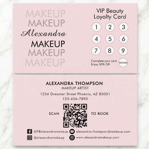 Blush Pink Black QR Makeup Artist Loyalty Card