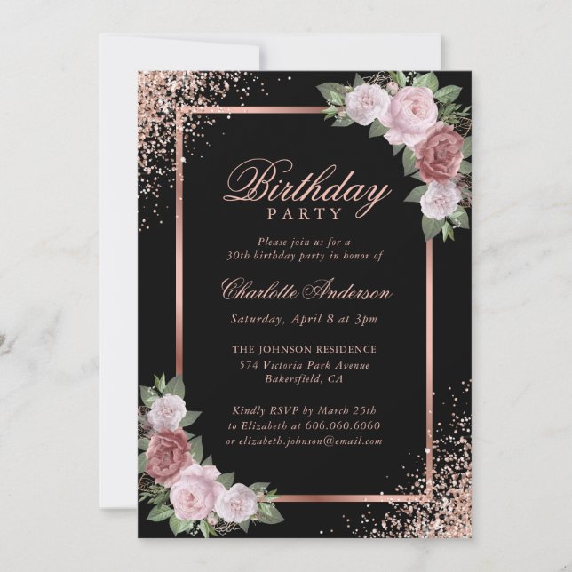 Blush Pink Black Rose Gold Floral Birthday Party Invitation (Front)