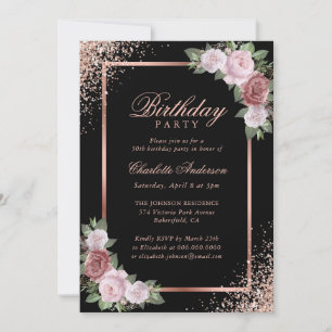 Blush Pink Black Rose Gold Floral Birthday Party Invitation