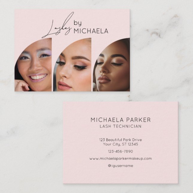 Blush Pink Black Script 3 Photo Lashes Business Card (Front/Back)