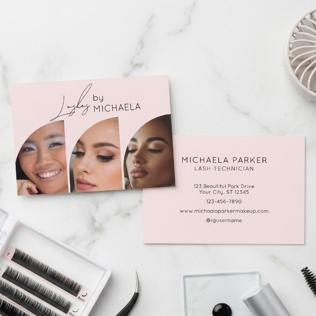 Blush Pink Black Script 3 Photo Lashes Business Card (Creator Uploaded)