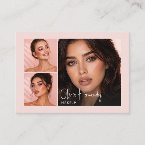Blush Pink Black Script 3 Photo Makeup  Business C Card