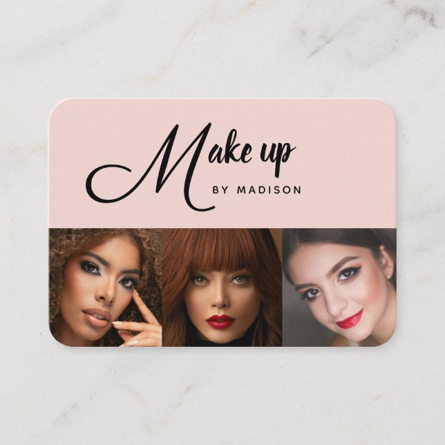 Blush Pink Black Script 3 Photo Makeup Business Card (Front)