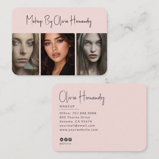Blush Pink Black Script 3 Photo Makeup  Business Card (Front/Back)
