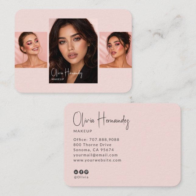 Blush Pink Black Script 3 Photo Makeup  Business Card (Front/Back)