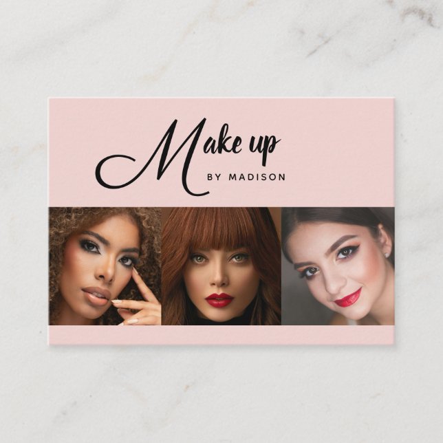 Blush Pink Black Script 3 Photo Makeup Business Card (Front)