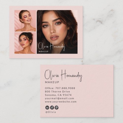 Blush Pink Black Script 3 Photo Makeup  Business Card