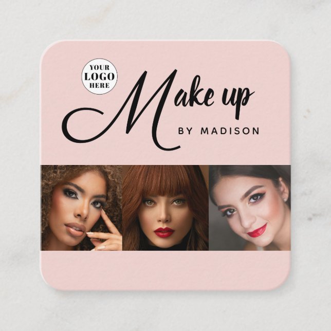 Blush Pink Black Script 3 Photo Makeup Square Business Card (Front)