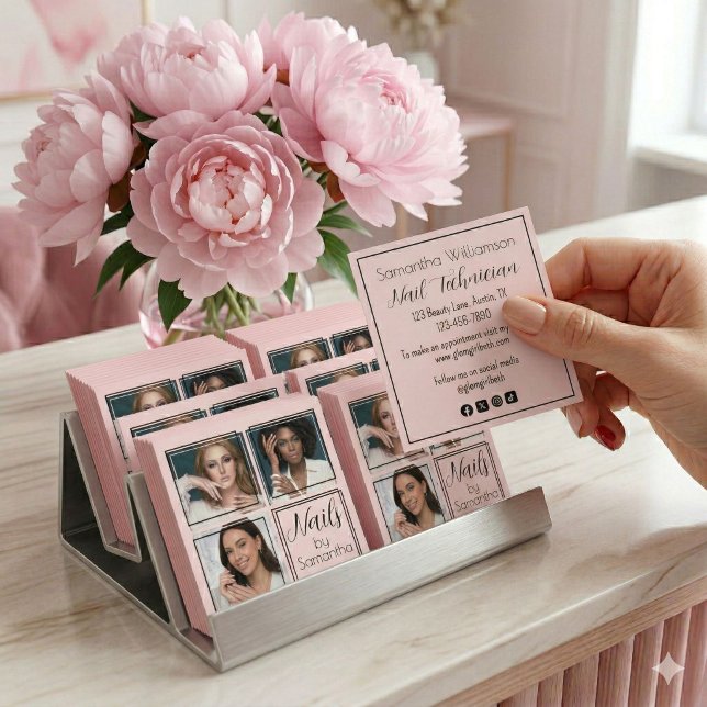 Blush Pink Black Script 3 Photo Nail Technician Square Business Card (Creator Uploaded)