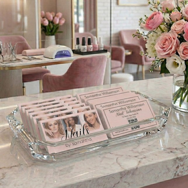 Blush Pink Black Script 3 Photo QR Code Nail Tech Business Card (Creator Uploaded)