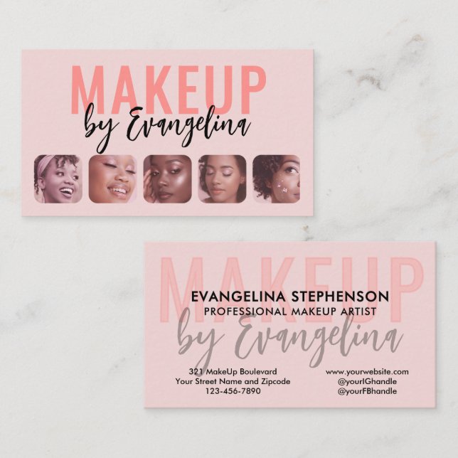 Blush Pink Black Script 5 Photo Makeup Artist Business Card (Front/Back)