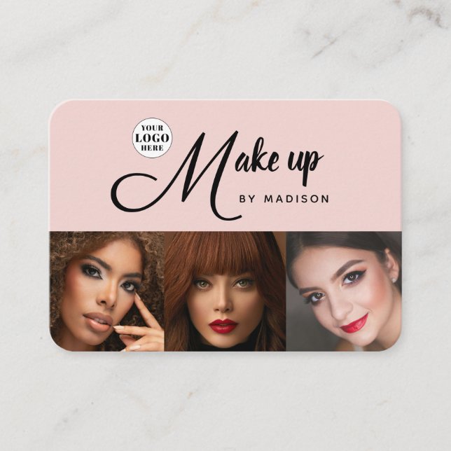 Blush Pink Black Script Logo 3 Photo Makeup Business Card (Front)