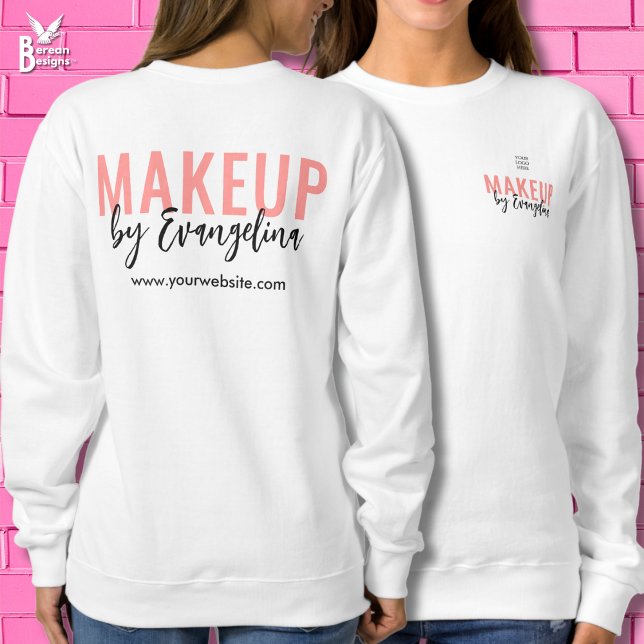 Blush Pink Black Script Logo Makeup Employee Sweatshirt (Front/back MAKEUP staff sweatshirt with customizable logo name and website. Ideal for makeup artists)