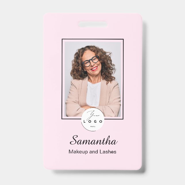 Blush Pink Black Script Logo Photo Makeup Badge (Front)