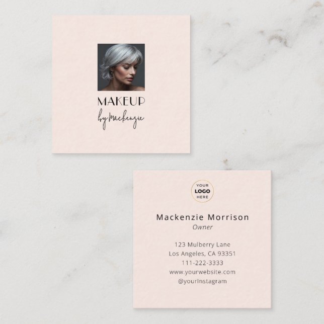 Blush Pink Black Script Logo Photo Makeup Square Business Card (Front/Back)