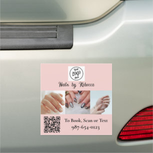 Blush Pink Black Script Logo QR Code 3 Photo Nails Car Magnet