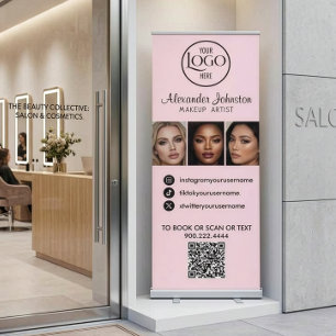 Blush Pink Black Script Logo QR Code Photo Makeup Retractable Banner
