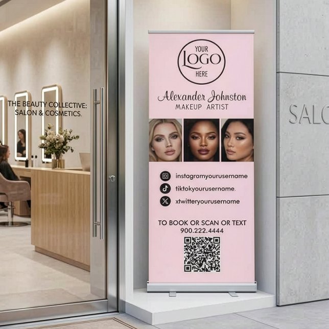 Blush Pink Black Script Logo QR Code Photo Makeup Retractable Banner (Blush Pink Black Script Logo Social Media and QR Code Retractable Banner)