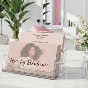 Blush Pink Black Script Photo Hair Salon Business Card