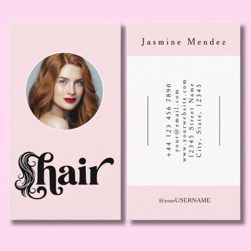 Blush Pink Black Script Photo Hair Stylist Business Card