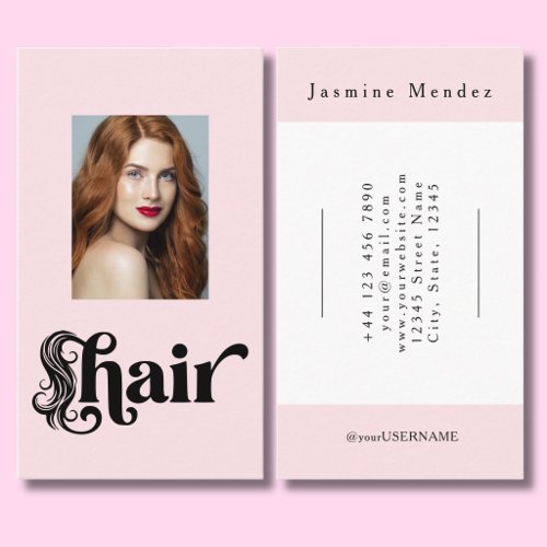 Blush Pink Black Script Photo Hairdresser Business Card