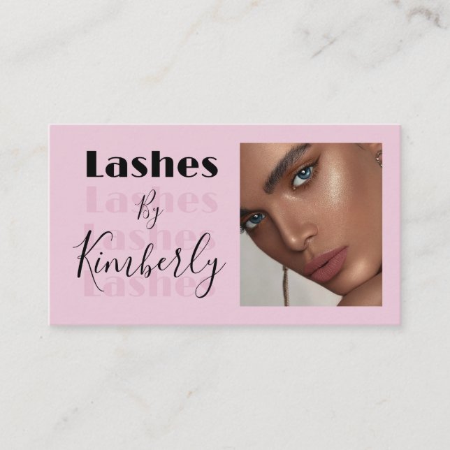 Blush Pink Black Script Photo Lashes Business Card (Front)