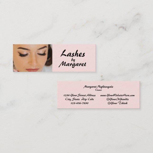 Blush Pink Black Script Photo Lashes Makeup Mini Business Card (Front/Back)